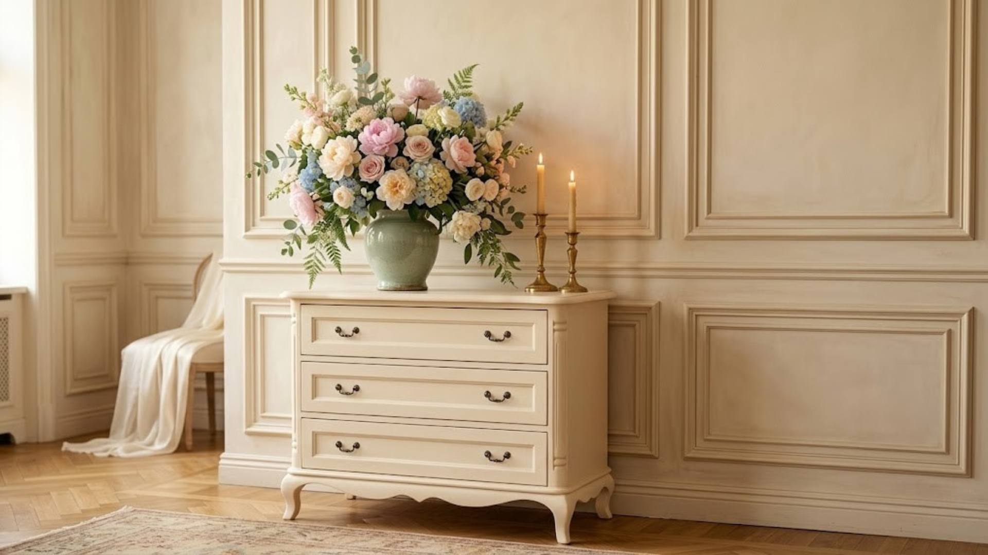 Mobilier inspirat Bridgerton – comodă din lemn masiv în decor elegant, colecția Chic