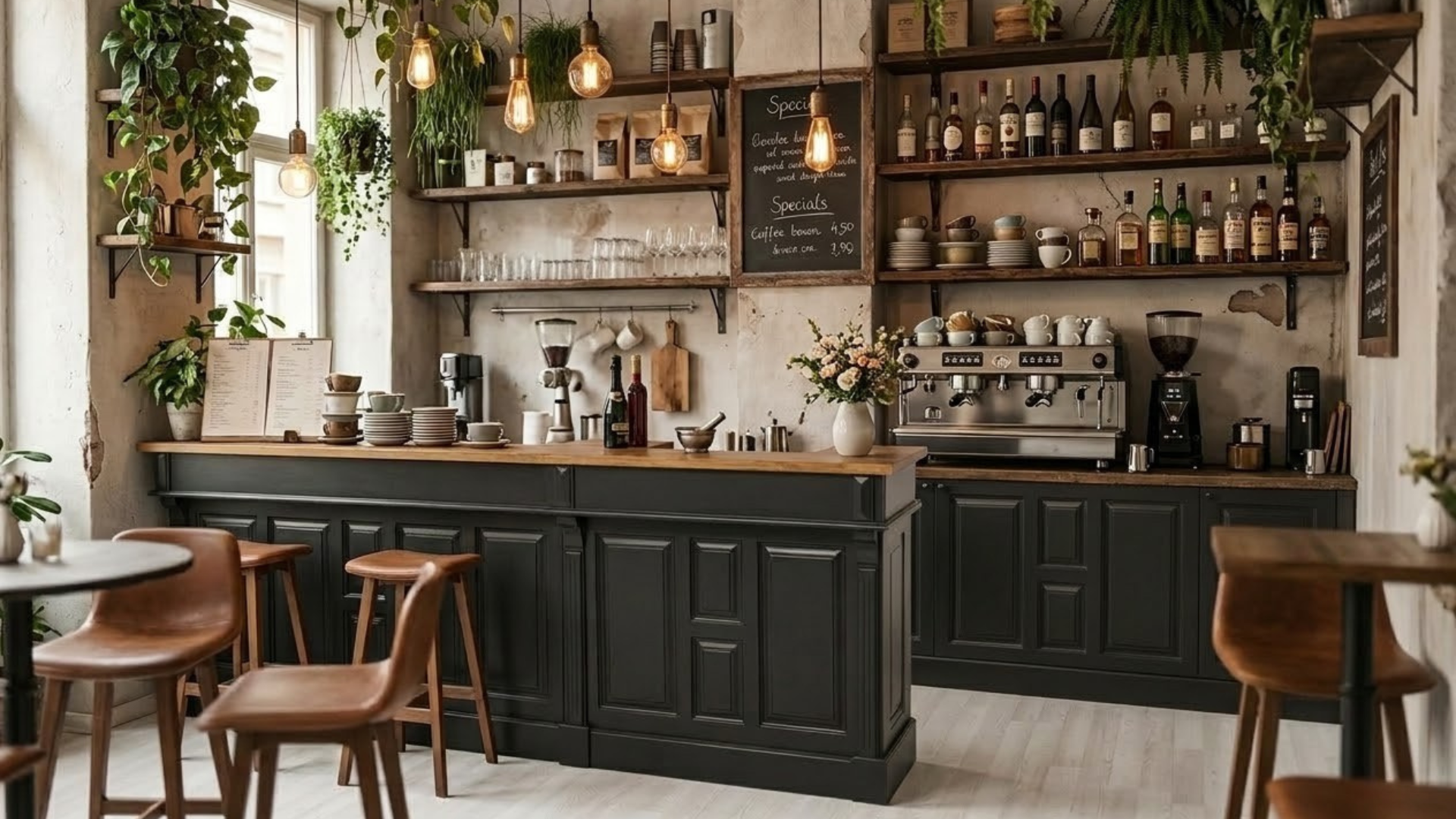 mobilier bar horeca din lemn masiv într-o cafenea modernă, cu rafturi și iluminare caldă