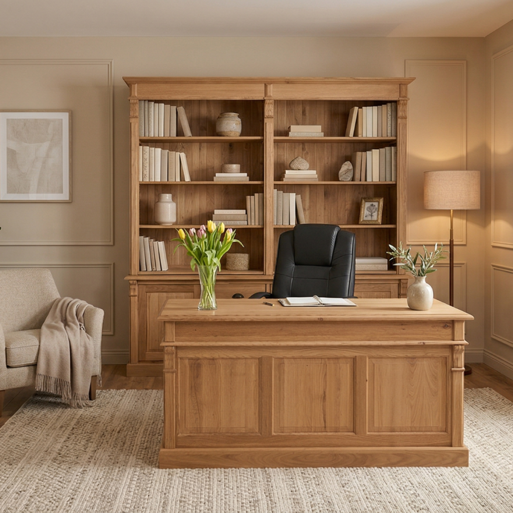 birou din lemn masiv din stejar într-un home office elegant și funcțional